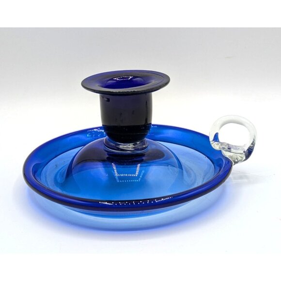 Vintage Studio Art Glass Cobalt Blue Candle Holder w Clear Finger Loop 7.5" - Picture 1 of 6